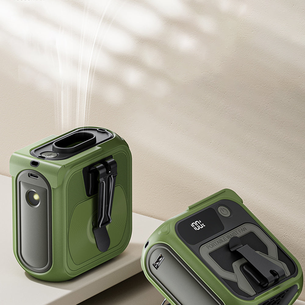 Techsuit Premium Portable Mini Fan (Z13), with Power Bank, Rechargeable, 5 Wind Speeds, Belt Buckle, 10000mAh, Verde