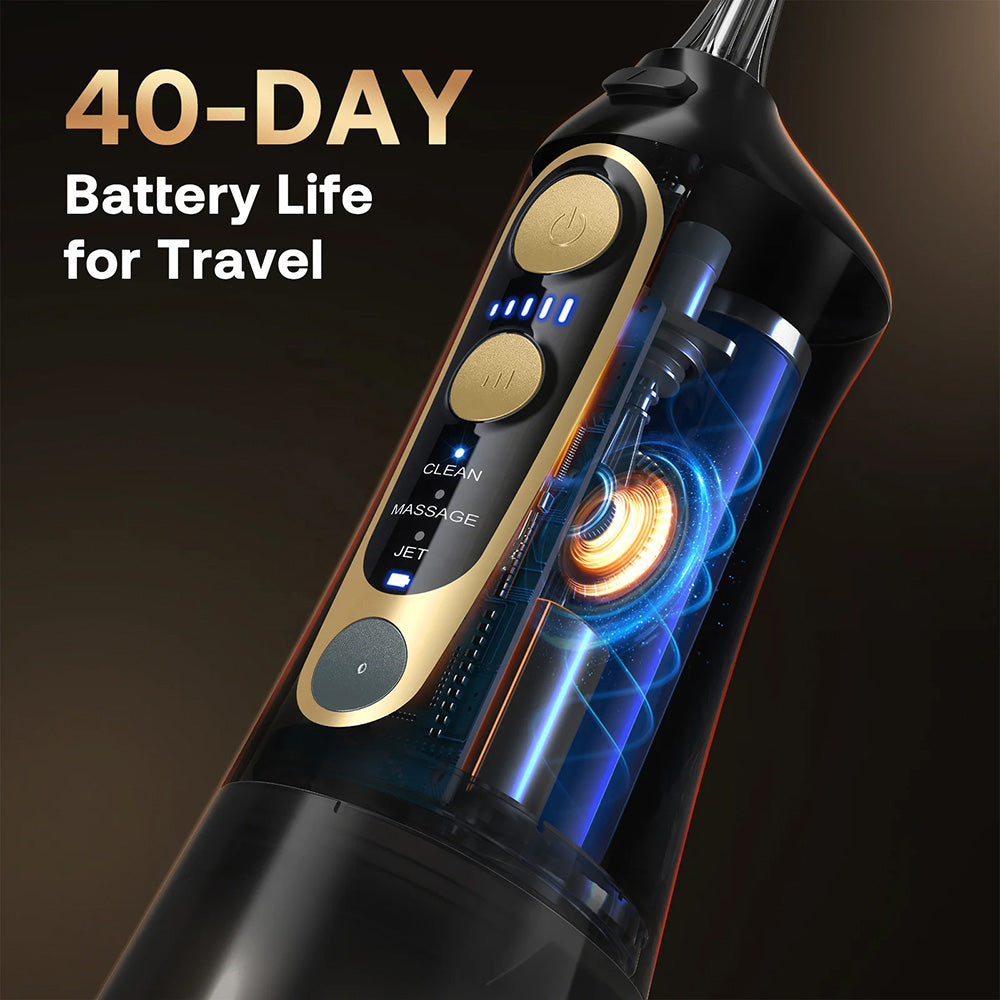 Bitvae Water Flosser (C6), Larger 300ml Size, with 6 Jet Tips, 3 Modes, 5 Intensities, Rechargeable, Negru / Gold