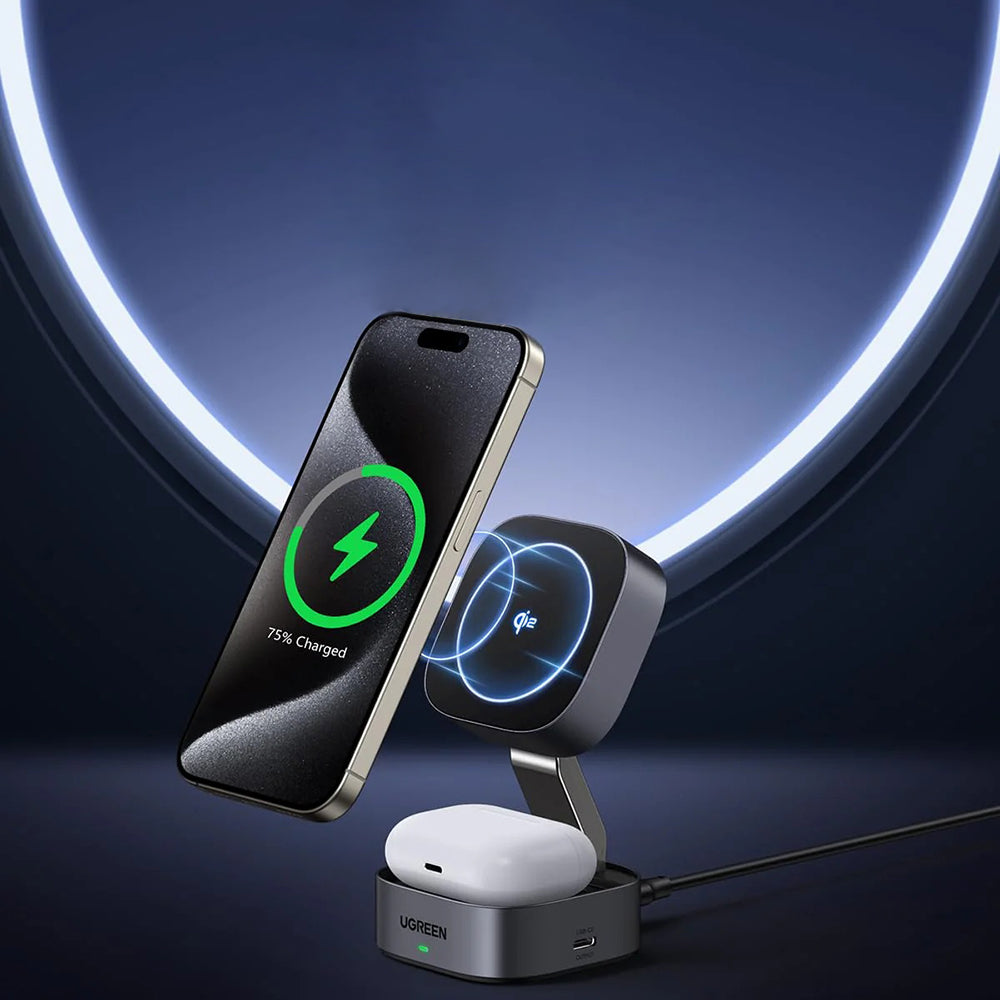 Incarcator Ugreen Wireless Charging Station W702 (35316), with Cable, MagSafe, for iPhone, AirPods, USB-C, Foldable, 15W, 1m, Negru