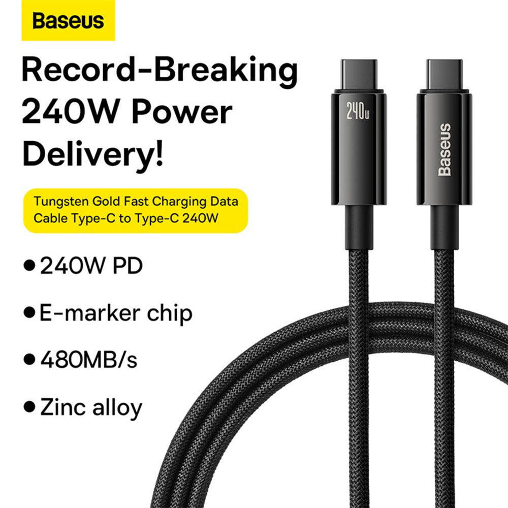 Cablu Baseus Tungsten Gold (CAWJ040101), Type-C to Type-C, Fast Charging, 240W, 2m, Negru