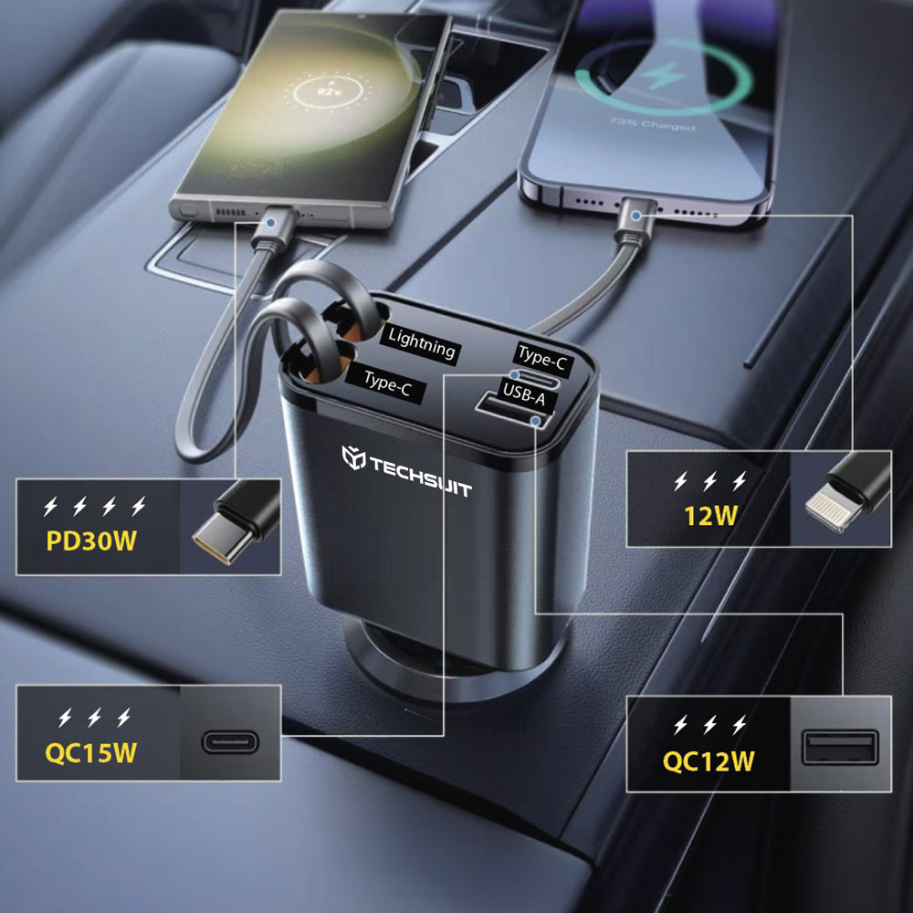 Incarcator Techsuit Premium Car NanoVoltX (C1), with Retractable USB-C, Lightning Cables, USB 2.4A, PD30W, 69W, 180°, Gri