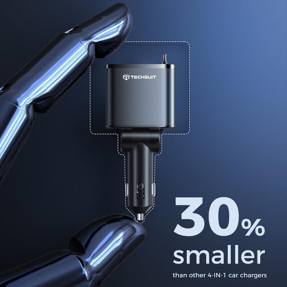 Incarcator Techsuit Premium Car NanoVoltX (C1), with Retractable USB-C, Lightning Cables, USB 2.4A, PD30W, 69W, 180°, Gri