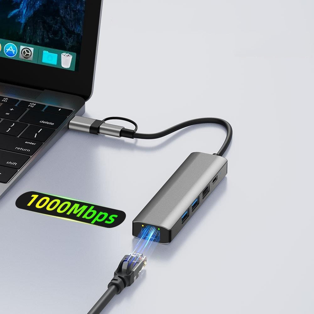 Hub/Dock Techsuit Docking Station BoostNetLink 5in2 (H3), USB, Type-C to 3x USB, 1x USB-C, Ethernet RJ45, 1000Mbps, Gri