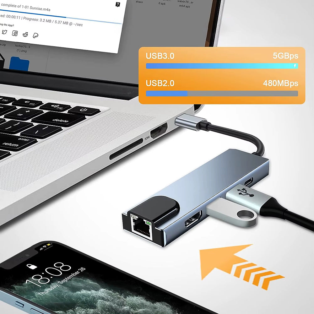 Hub/Dock Techsuit Docking Station NetBridge 5 in 1 (H1), Type-C to 1x USB2.0, 1x USB3.0, 1x Type-C, 1x HDMI, 1x RJ45, PD87W, 4K@30Hz, Gri