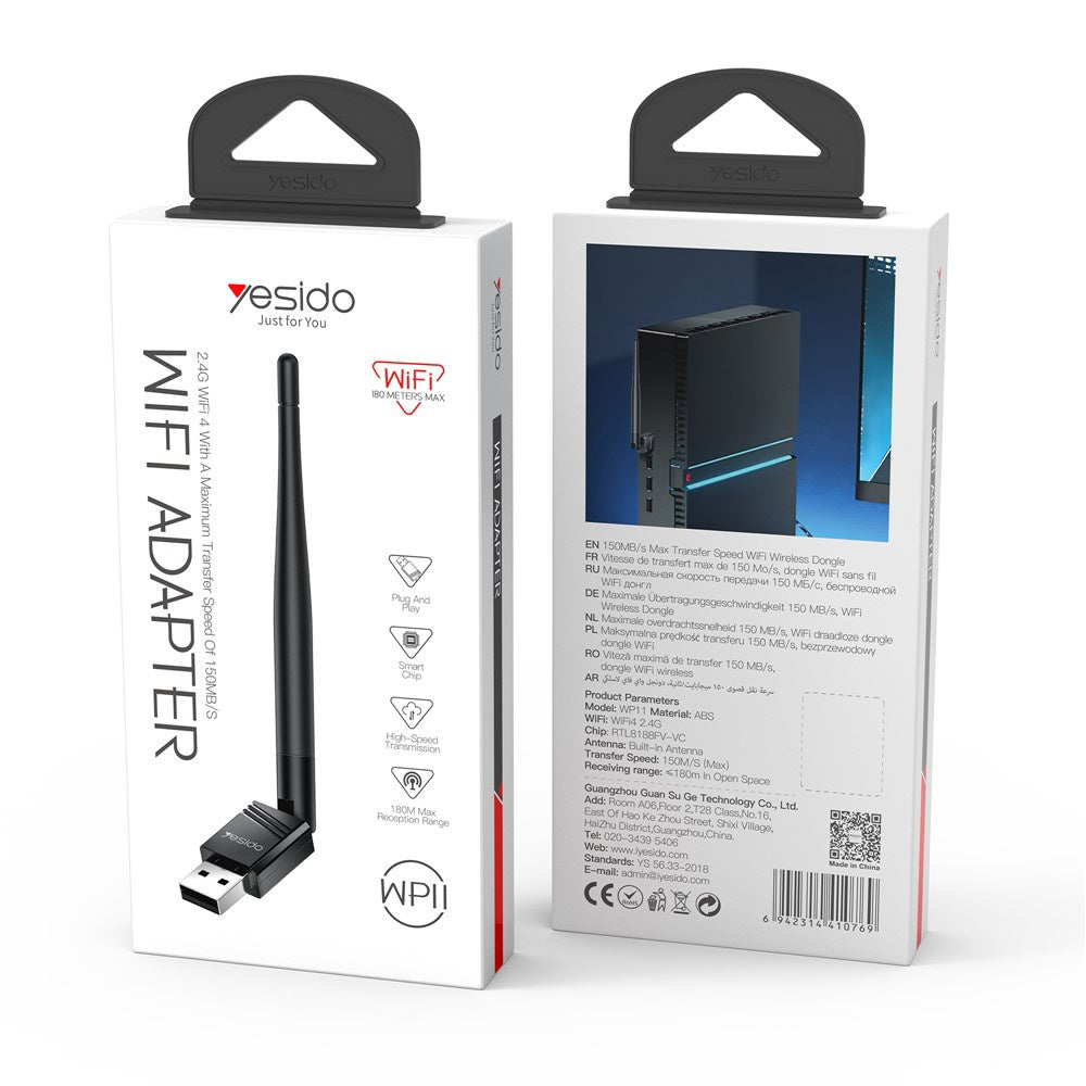 Adaptor Yesido Wi-Fi Adapter (WP11), with External Antenna, WiFi4, USB2.0, 150Mbps, Plug&Play, Negru