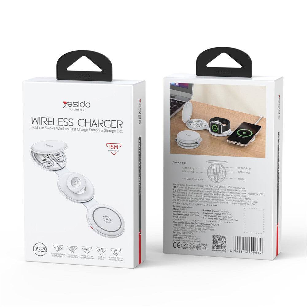Incarcator Yesido Wireless Charging Station 5in1 (DS29), for iPhone, Earbuds, Apple Watch, Magnetic, Foldable, Holder, Alb