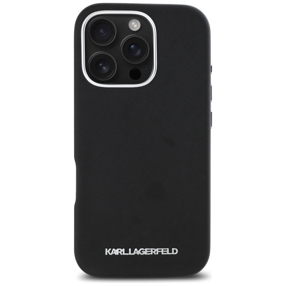 Husa de protectie Karl Lagerfeld Saffiano Full Wrapped Elongated Metal Logo MagSafe (KLHMP16LPSAFWMCK) compatibil cu iPhone 16 Pro, Negru
