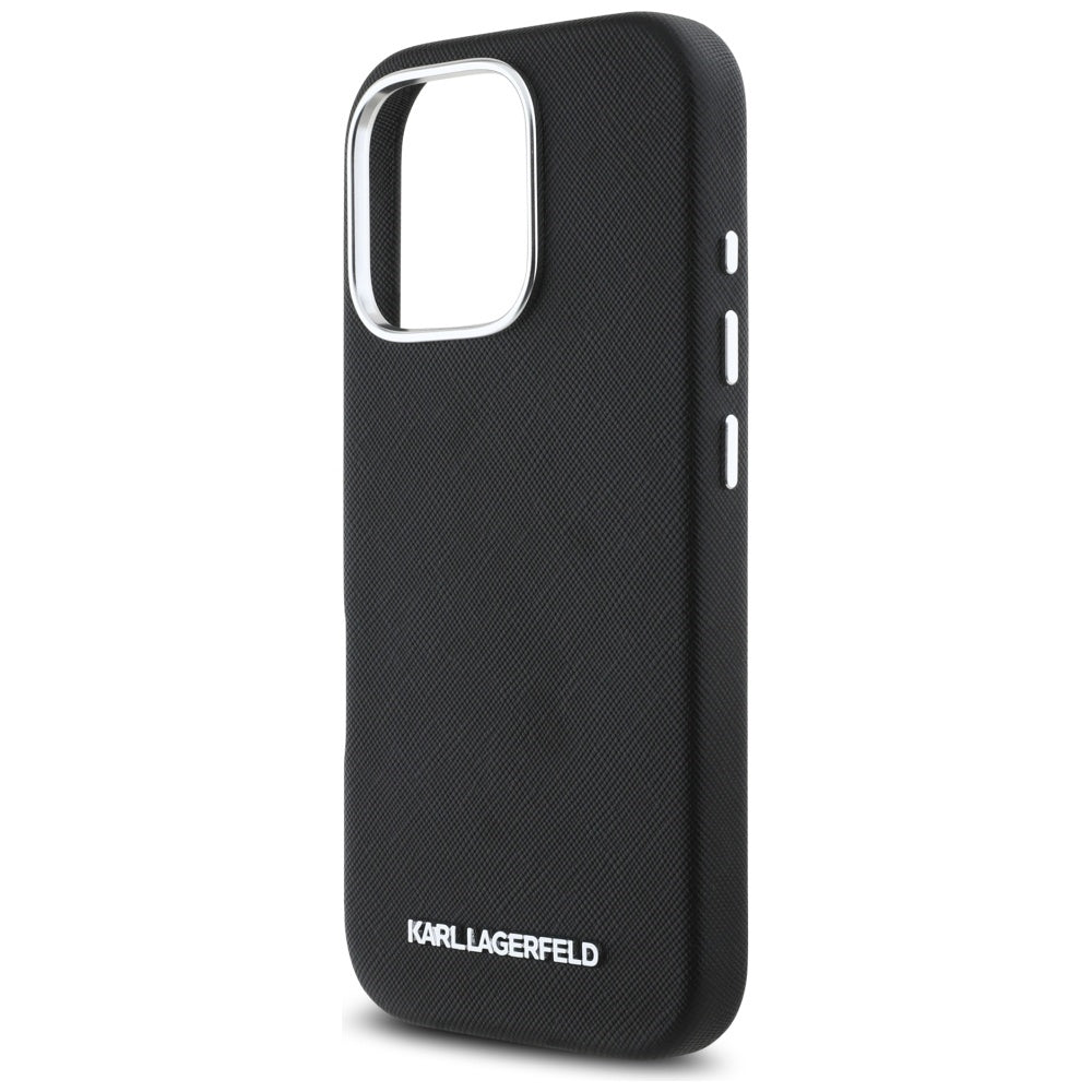 Husa de protectie Karl Lagerfeld Saffiano Full Wrapped Elongated Metal Logo MagSafe (KLHMP16LPSAFWMCK) compatibil cu iPhone 16 Pro, Negru