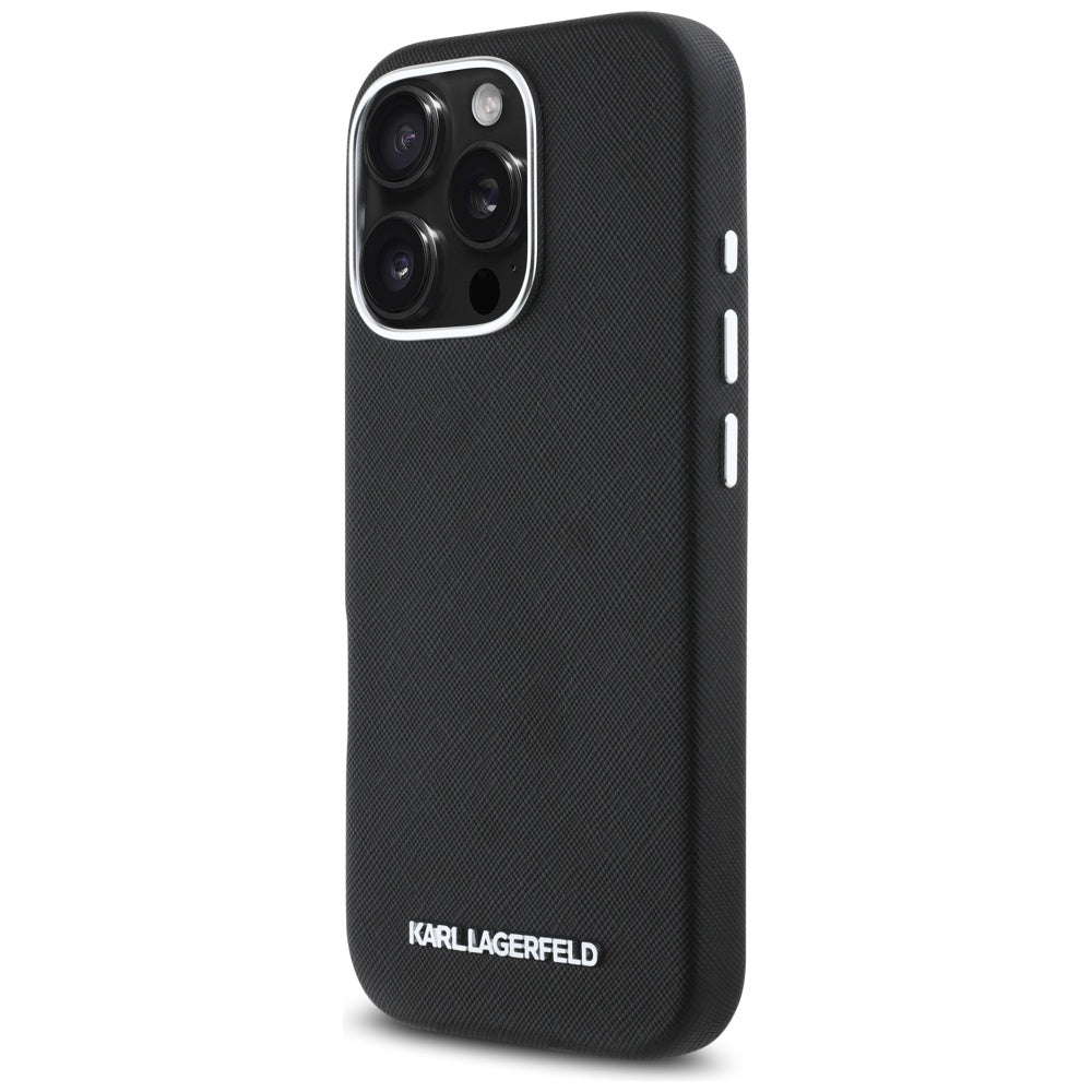 Husa de protectie Karl Lagerfeld Saffiano Full Wrapped Elongated Metal Logo MagSafe (KLHMP16XPSAFWMCK) compatibil cu iPhone 16 Pro Max, Negru