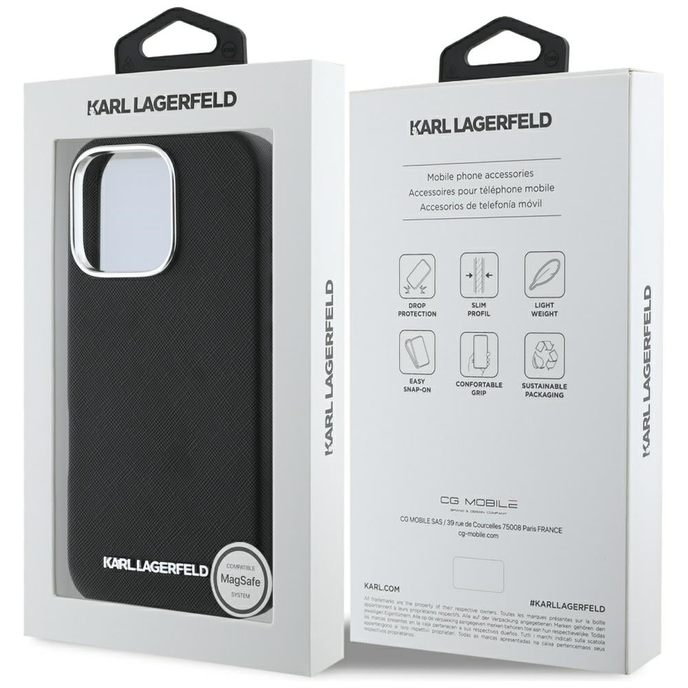 Husa de protectie Karl Lagerfeld Saffiano Full Wrapped Elongated Metal Logo MagSafe (KLHMP16XPSAFWMCK) compatibil cu iPhone 16 Pro Max, Negru
