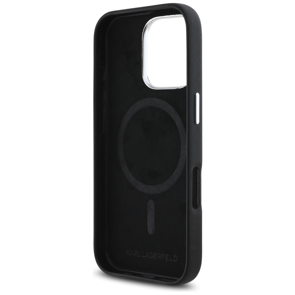 Husa de protectie Karl Lagerfeld Saffiano Full Wrapped Elongated Metal Logo MagSafe (KLHMP16XPSAFWMCK) compatibil cu iPhone 16 Pro Max, Negru