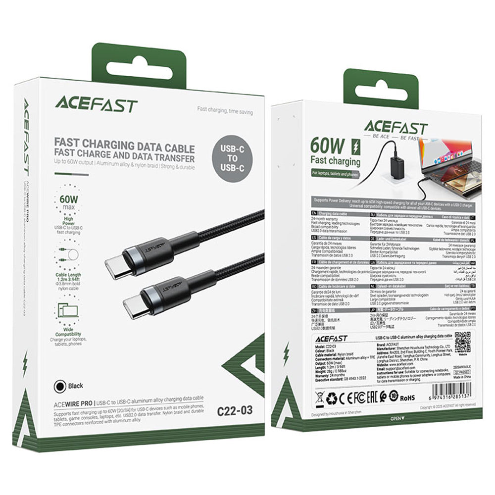 Cablu Acefast (C22-03), Fast Charge, Type-C to Type-C, 60W, 3A, Nylon Braid, FCC, CE, RoHS, EAC, 1.2m, Negru