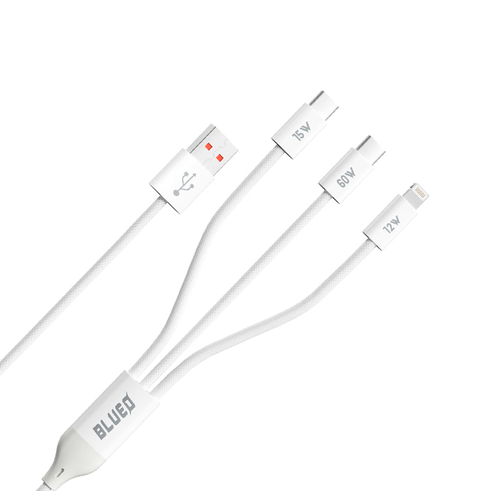 Cablu Blueo 3in1, USB to 2x Type-C, Lightning, Fast Charging, Nylon Braided, 60W, 1.2m, Alb
