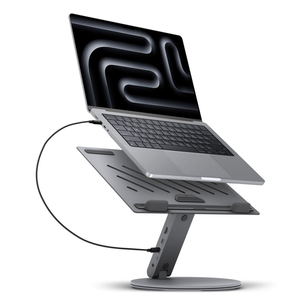 Suport Spigen Laptop LD204H (AMP08885), with Built-in Hub 2x USB, 3x Type-C, HDMI, 360° Rotation, Adjustable, Secure Grip, Argintiu