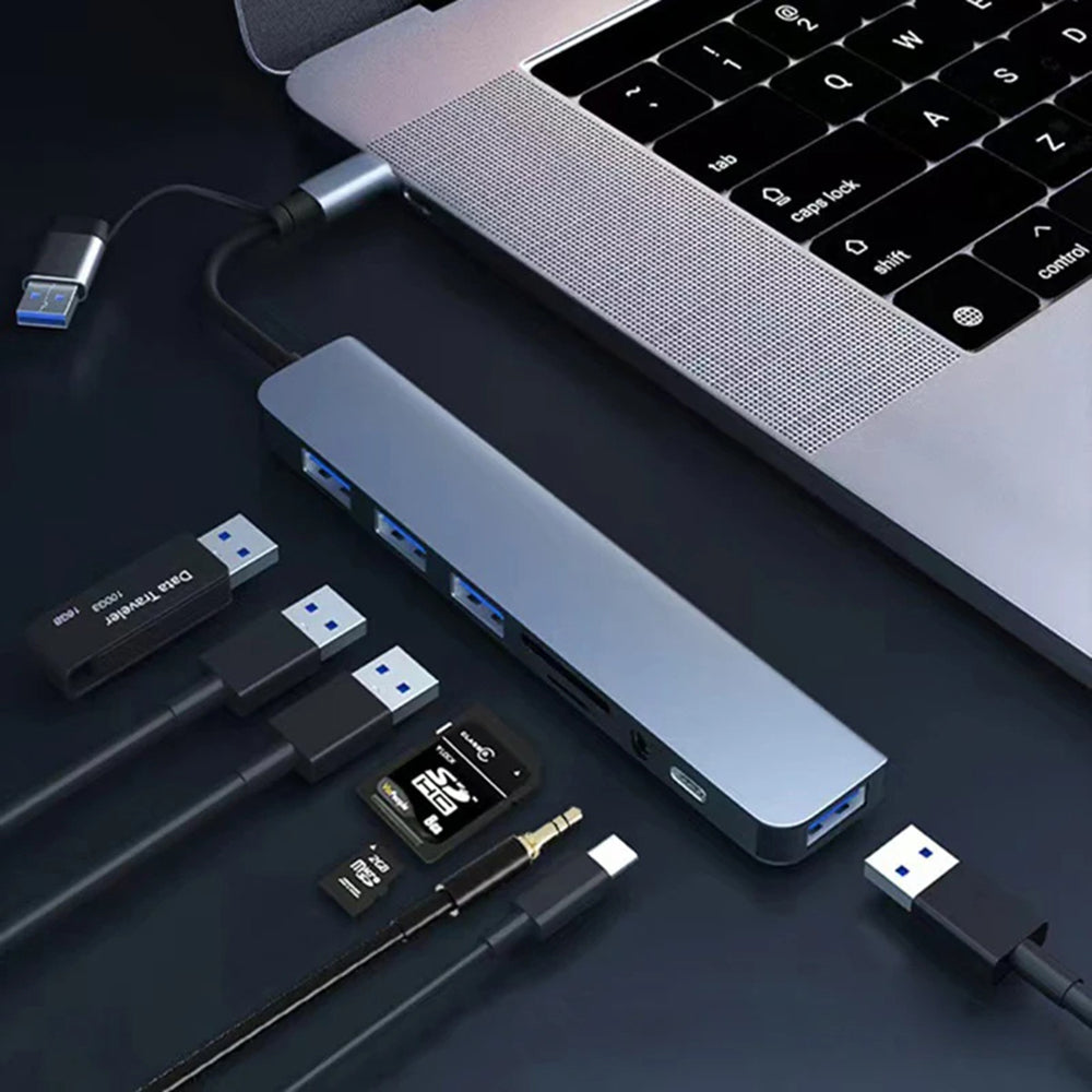 Hub/Dock Techsuit Docking Station DataBridge 8 in 1 (H9), USB, Type-C to 4x USB, Type-C, 3.5mm Jack, TF/SD Card, Gri