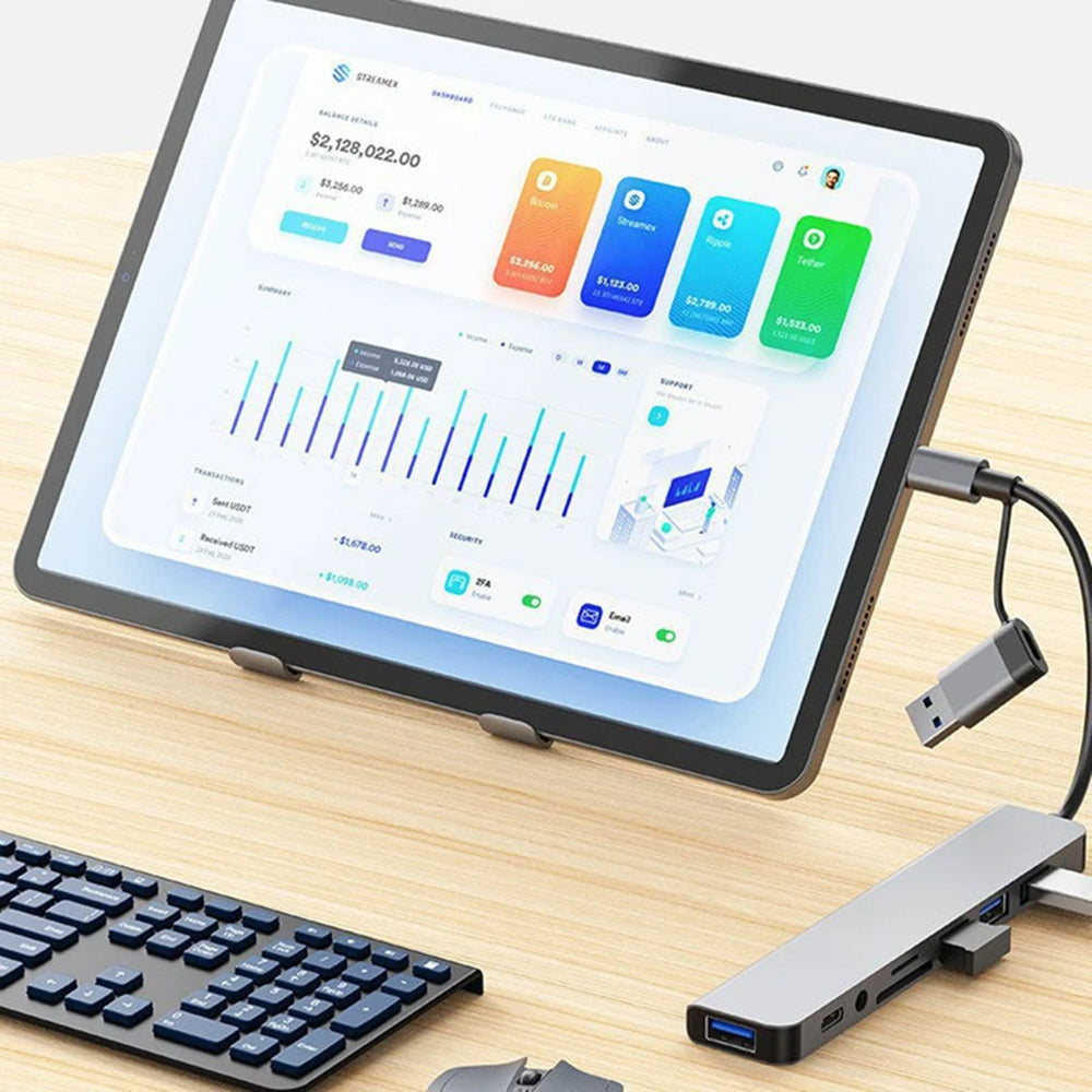 Hub/Dock Techsuit Docking Station DataBridge 8 in 1 (H9), USB, Type-C to 4x USB, Type-C, 3.5mm Jack, TF/SD Card, Gri
