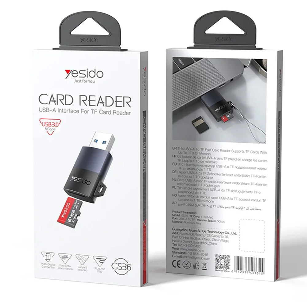 Stocare Yesido Card Reader (GS36), USB, High-speed, Aluminum Alloy, Support 1TB, Plug and Play, TF Card, Negru