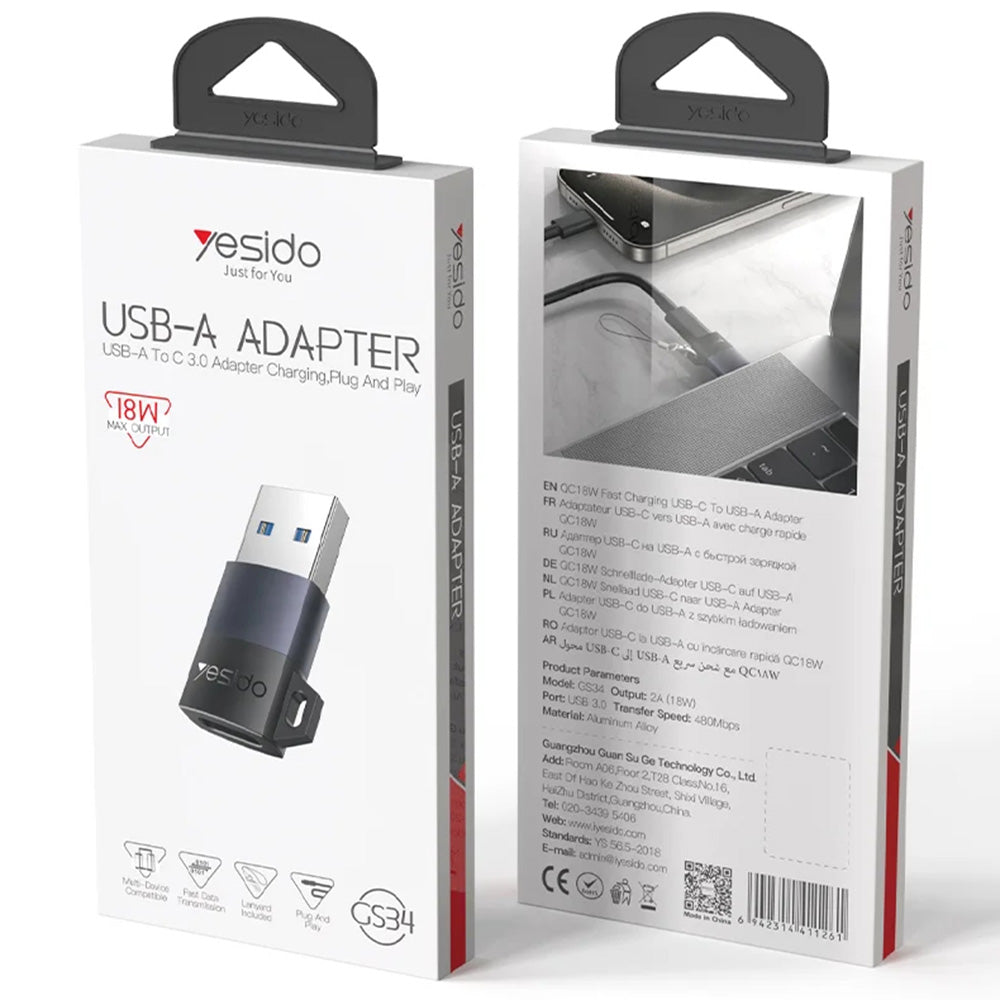 Adaptor Yesido OTG Adapter (GS34), USB3.0 Male to Type-C Female, 18W, Aluminum Alloy, Gri