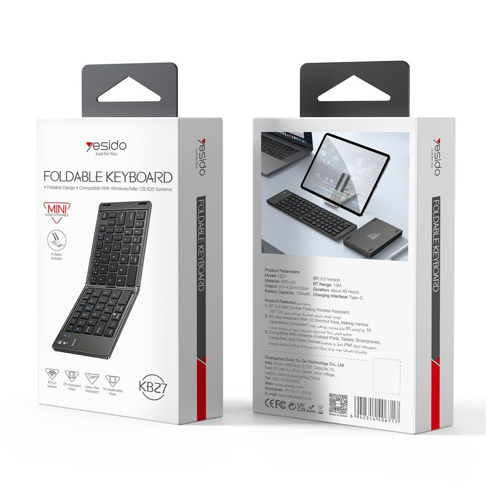 Tastatura/Mouse Yesido Foldable Keyboard (KB27), Type-C, 150mAh, Bluetooth 5.0, Compact Design, Ultra-Thin, Negru