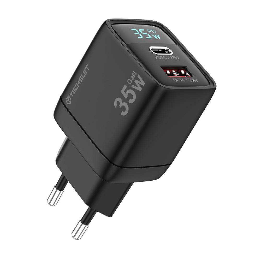 Incarcator Techsuit LEDChargX (CH3), Type-C, USB, GaN Technology, Fast Charge, LED Display, PD35W, Negru