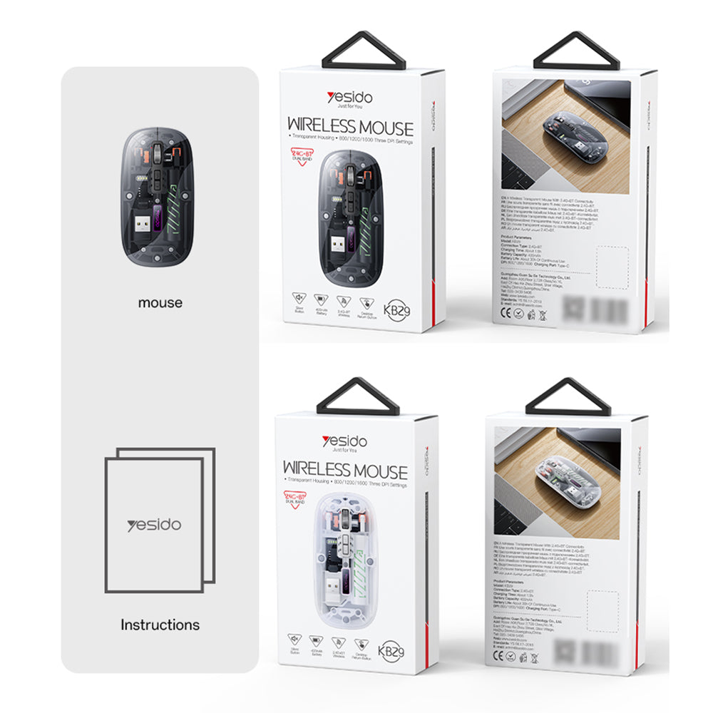 Tastatura/Mouse Yesido Wireless Mouse (KB29), Type-C, BT+ 2.4G Connection, 800/1200/1600DPI, 400mAh, Negru
