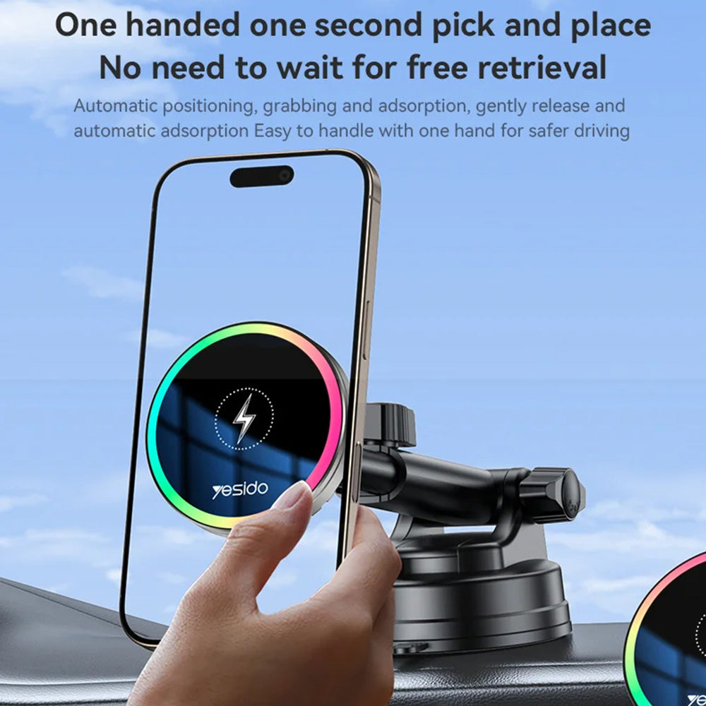 Suport Yesido with Wireless Charging (C315), for Air Outlet/Dashboard, Magnetic, Intelligent Management, 15W, Negru