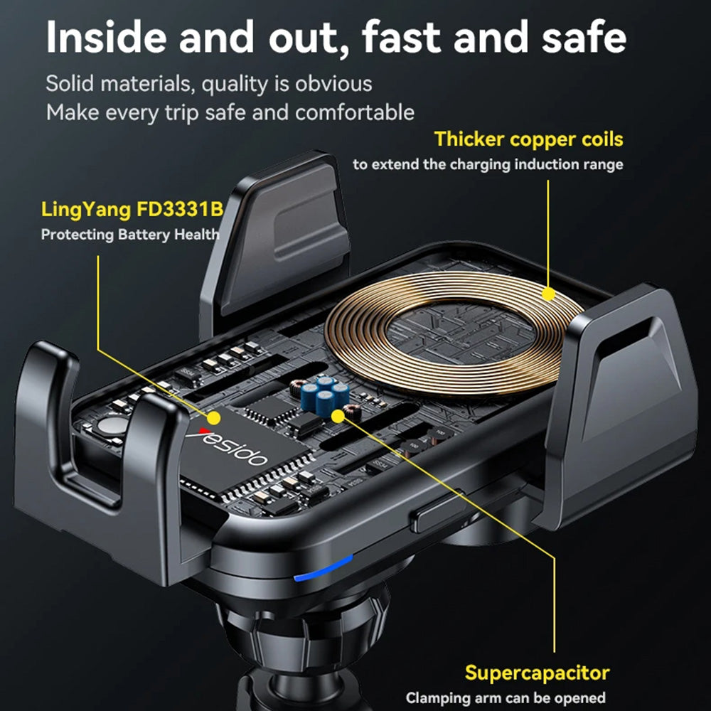 Suport Yesido with Wireless Charging (C312), for Air Vent, Automatic Clip, Smart Induction, 15W, 4.7 - , Negru