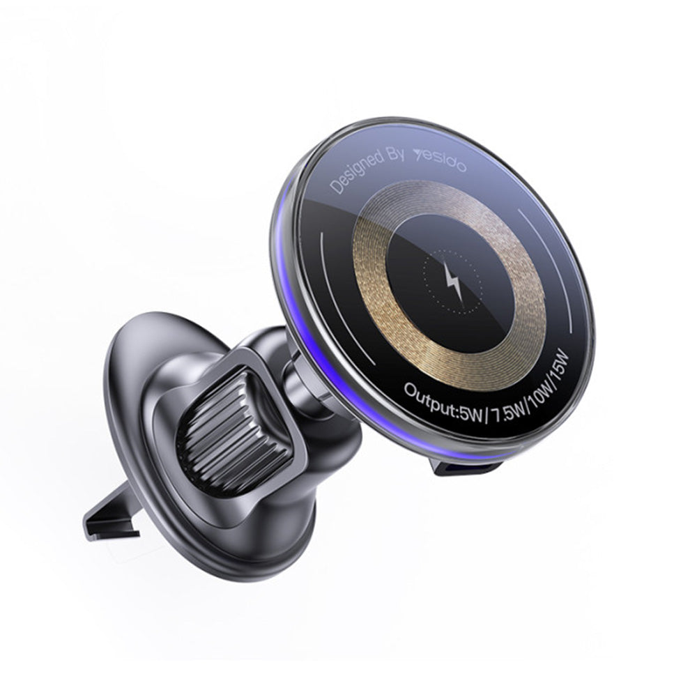 Suport Yesido with Wireless Charging (C308), for Air Vent, Flowing Light, Multi Folding Clamp Arm, Type-C, 15W, Negru
