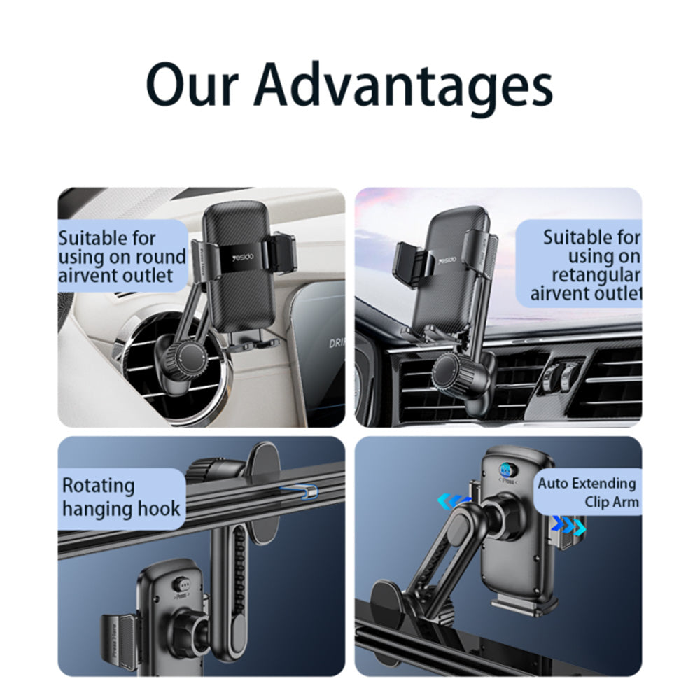 Suport Yesido (C242), for Air Vent, with Auto Extending Clip by Switch Button, Telescopic Arm, Negru