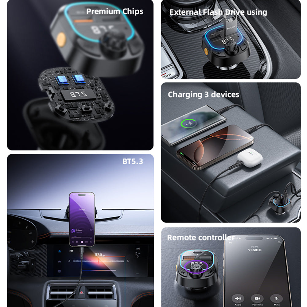Incarcator Yesido FM Modulator and Car (Y70), Dual-Port USB-C + USB-A, Bluetooth 5.3, 15W, Negru
