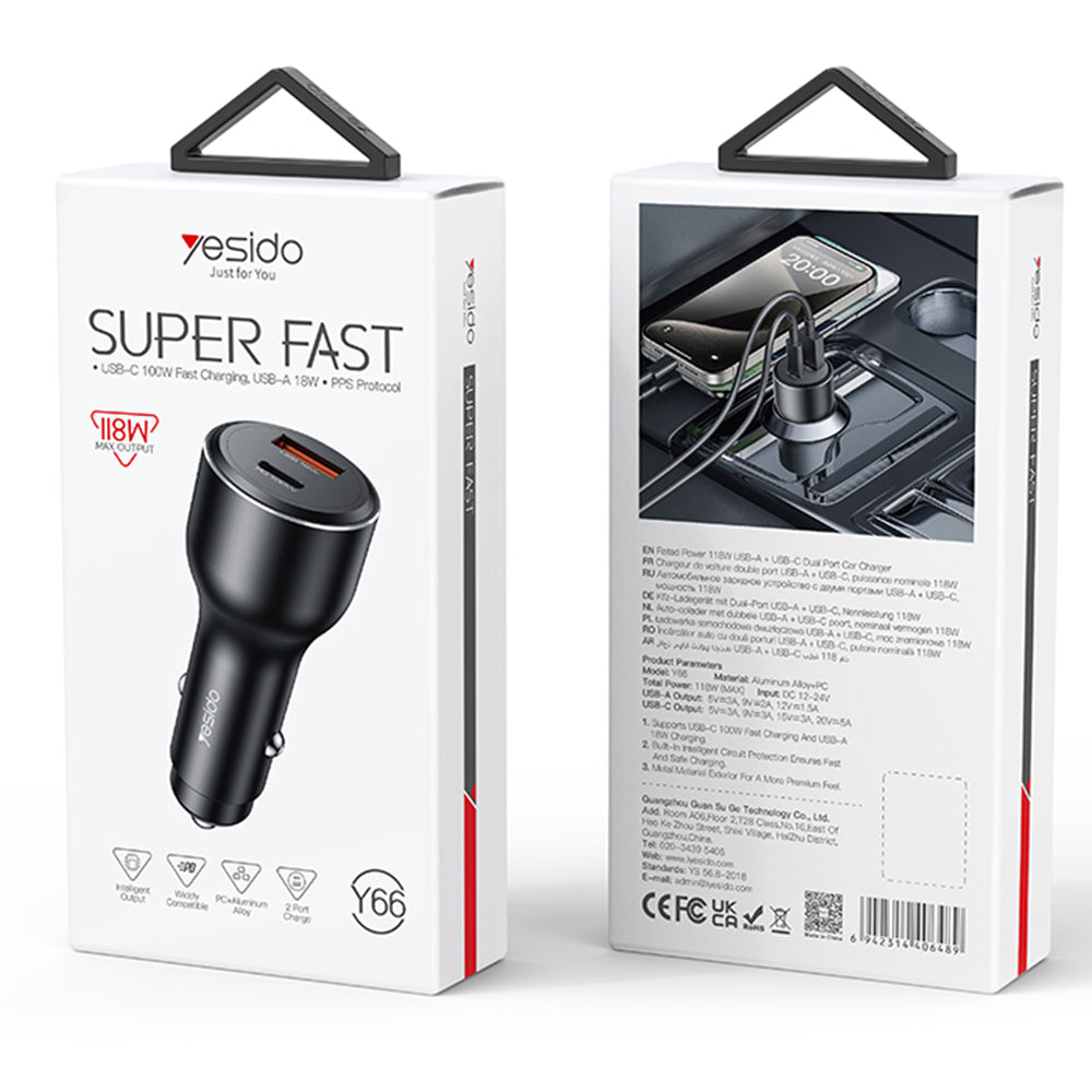 Incarcator Yesido Car (Y65), Dual-Port USB-A + Type-C, PD100W, Aluminum Alloy, Super Fast Charging, Negru