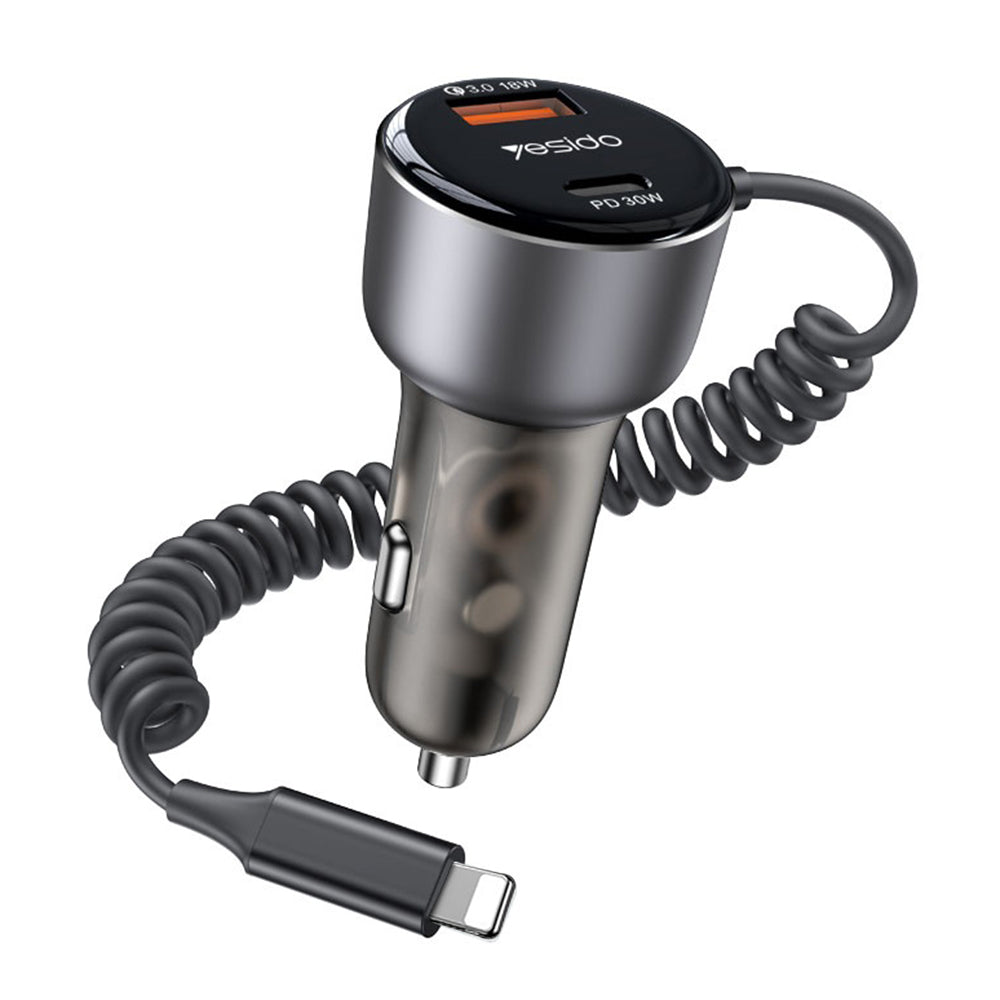 Incarcator Yesido Car (Y57), with Lightning Spring Cable, Type-C/USB-A Ports, 50W, Fast Charging, Negru