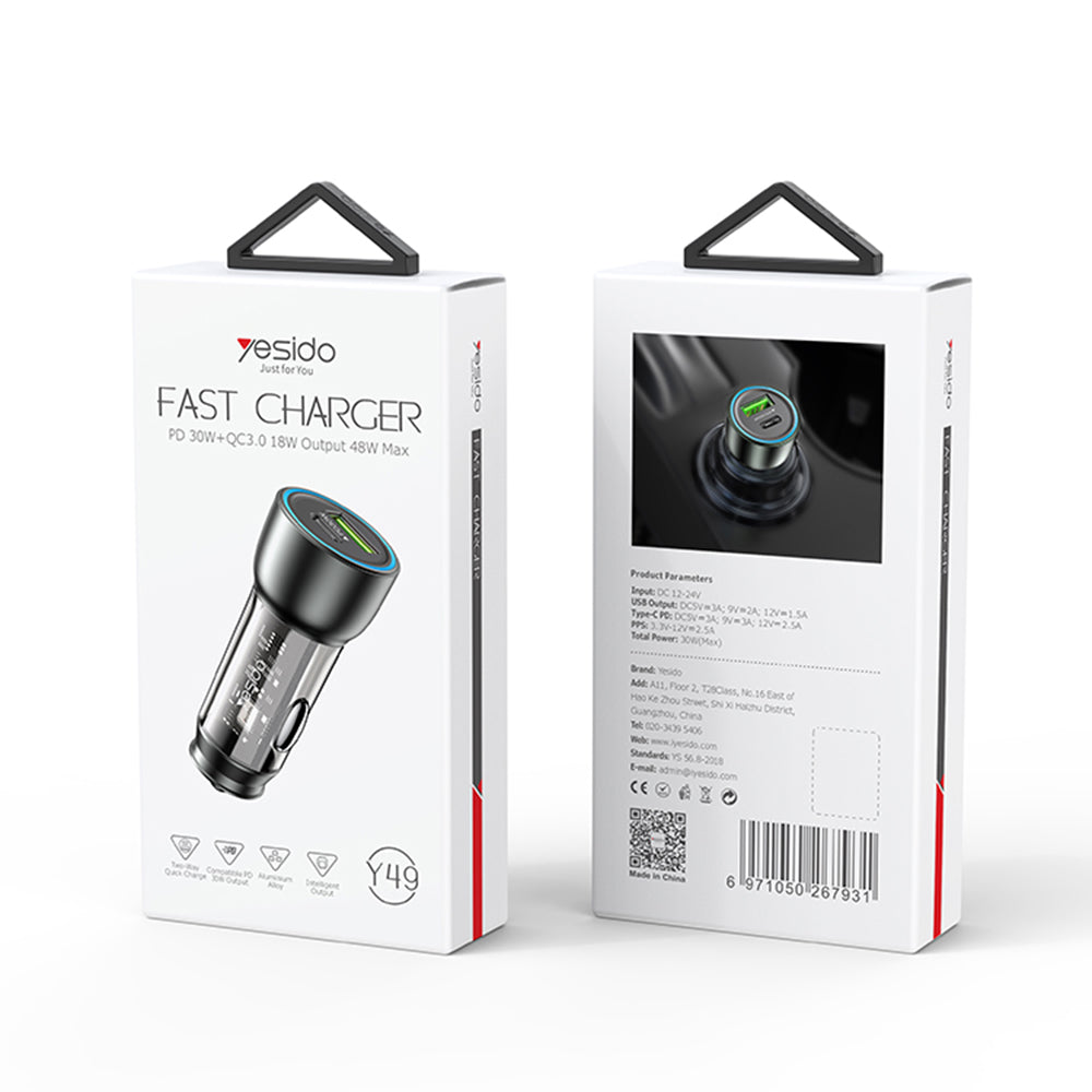 Incarcator Yesido Car (Y49), USB-A, Type-C, LED Light Effect, Fast Charging, 30W, Gri