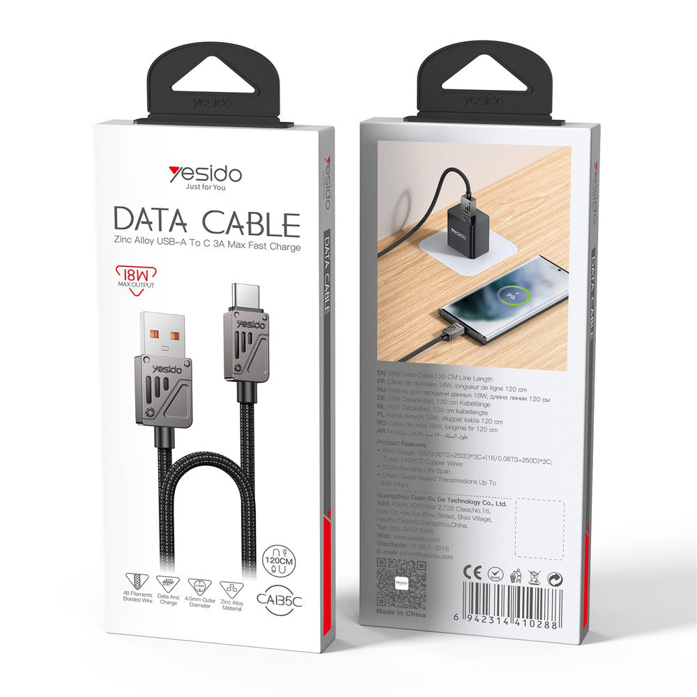 Cablu Yesido (CA135C), USB to Type-C, Fast Charging, QC18W, 3A, 480Mbps, CarPlay Compatible, Zinc Alloy, 1.2m, Negru