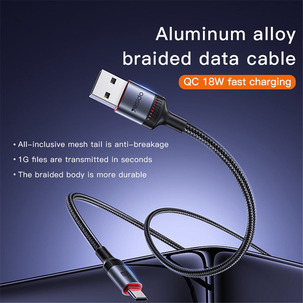 Cablu Yesido (CA129C), USB to Type-C, Fast Charge, 18W, 3A, 480Mbps, CarPlay Compatible, Aluminum Alloy, 1.2m, Negru