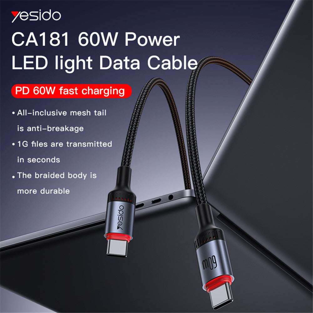 Cablu Yesido (CA181), Type-C to Type-C, Fast Charging, 60W, 3A, 480Mbps, Aluminum Alloy, 1.2m, Negru