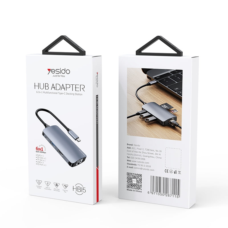 Hub/Dock Yesido Docking Station (HB15), Type-C to 2x USB, USB-C, SD/TF Card, RJ45, 1000Mbps, Plug & Play, Gri