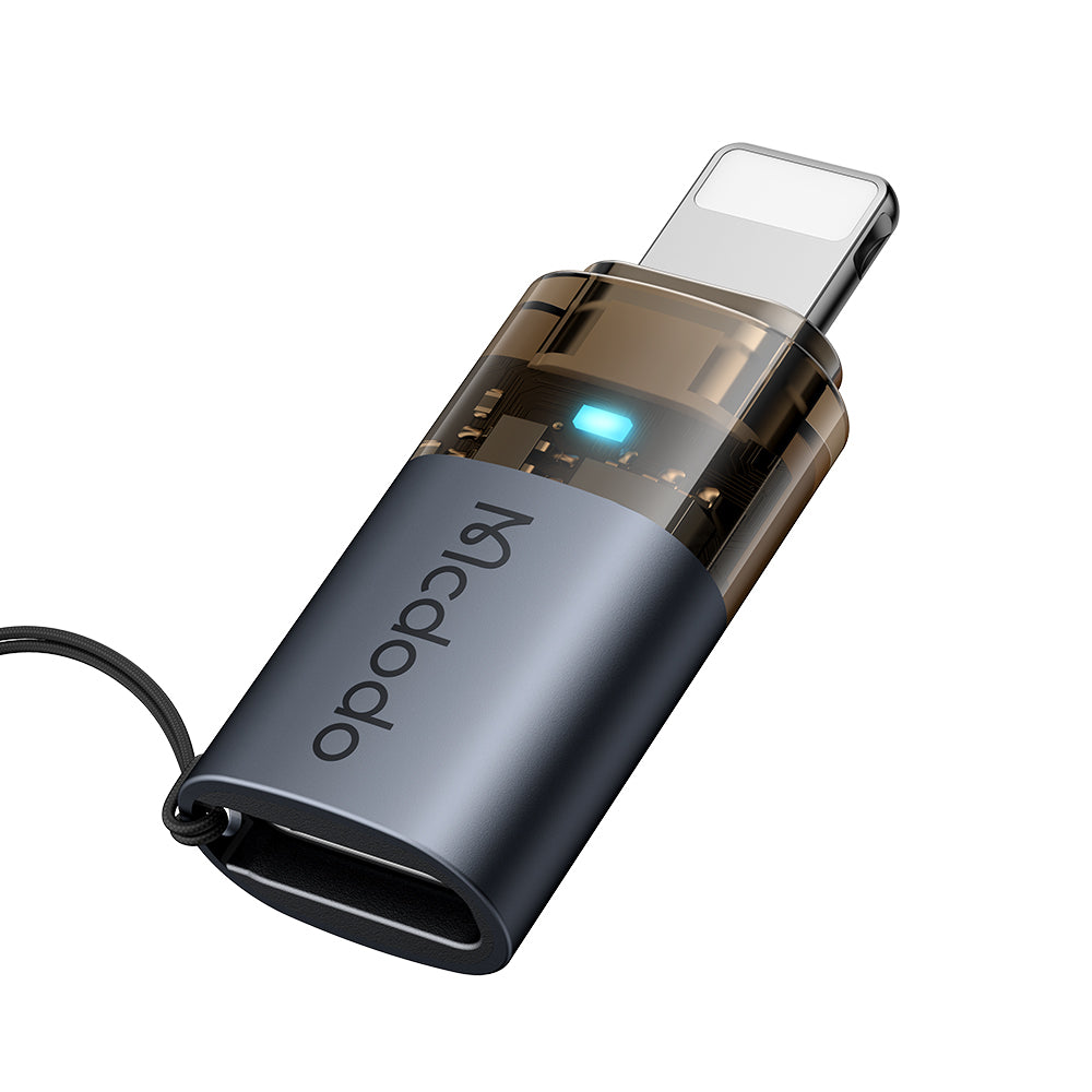 Adaptor Mcdodo OTG Adapter (OT-7630), USB-C to Lightning, Aluminium Alloy, Charging & Data Sync, 36W, Blue Light, Lanyard, Negru