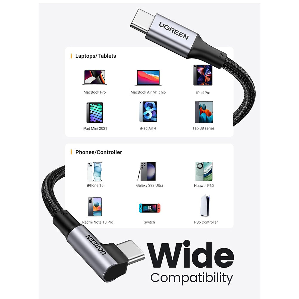 Cablu Ugreen US334 (70643), USB-C to USB-C 90 Degree Cable, Fast Charging 5A, 100W, 1m, Nylon, Gri Spatial
