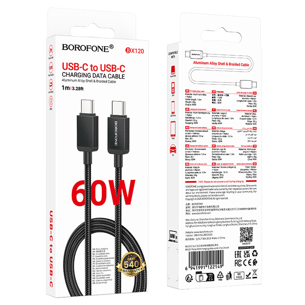 Cablu Borofone Placer Series (BX120), Type-C, Aluminum Alloy Shell, Nylon Braided, Fast Charge, PD 60W, 1m, Negru