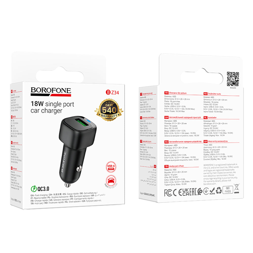 Incarcator Borofone Car Cloud (BZ34), USB, Single Port, 18W (QC/FCP/AFC), ABS, for 12-24V, Negru