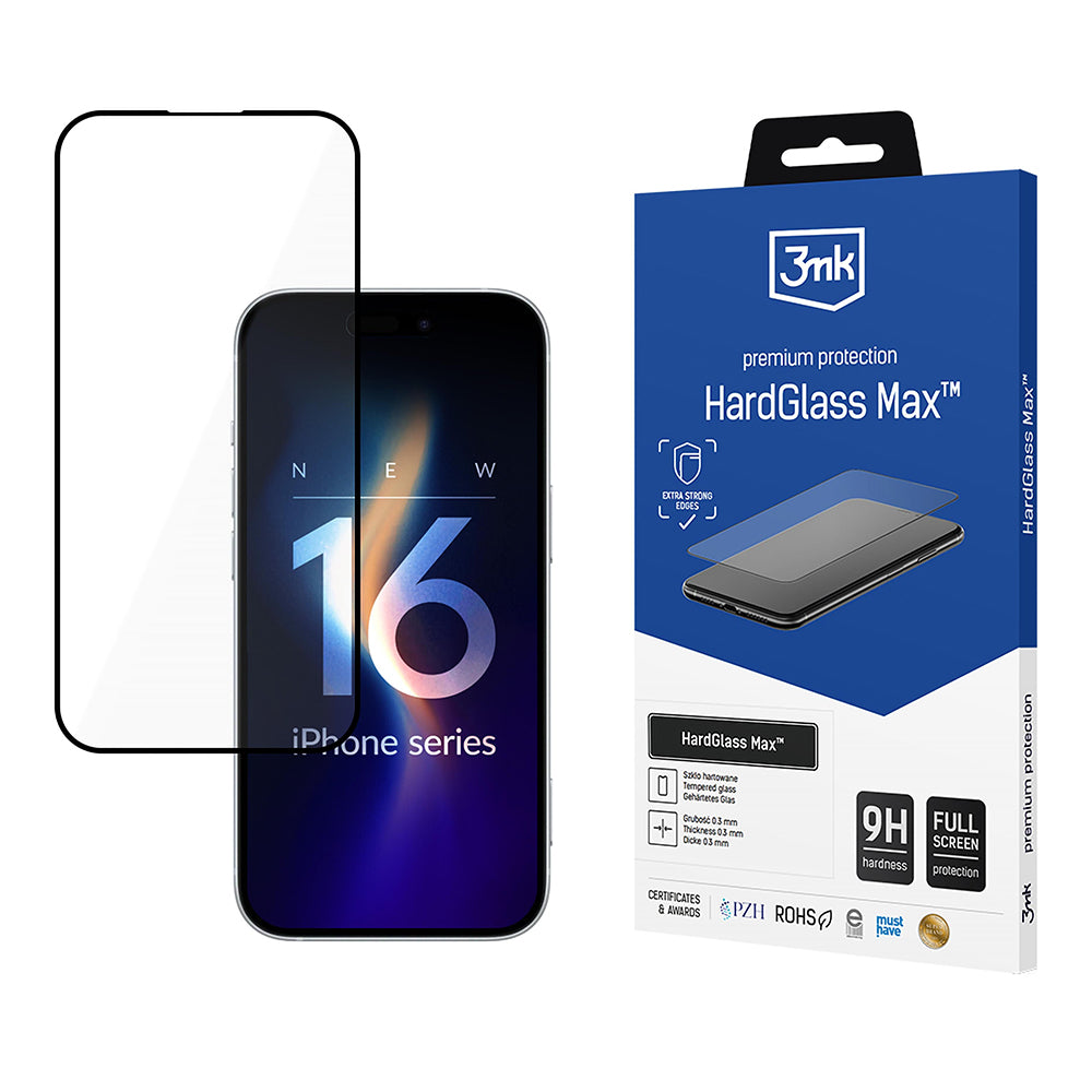 Folie de protectie 3mk HardGlass Max Tempered compatibil cu iPhone 16 Pro, Negru