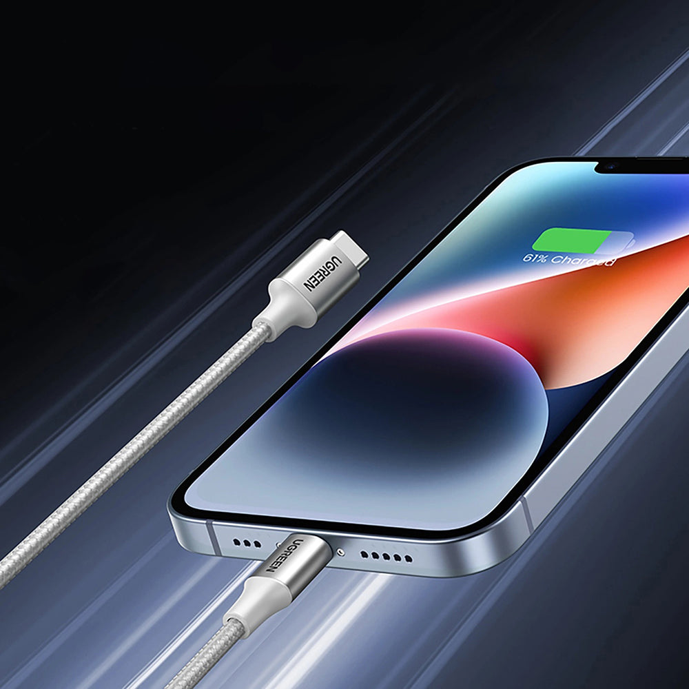 Cablu Ugreen US304 (60759), USB-C to Lightning, Fast Charging, 3A, 480Mbps, Nylon Braided, 1m, Gri Spatial