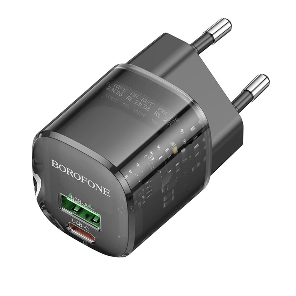Incarcator Borofone Sunlight (BN17), Dual Port, USB-C + USB-A, 5V/3A, PD20W, QC3.0, Transparent /Black