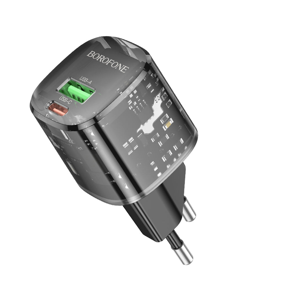 Incarcator Borofone Sunlight (BN17), Dual Port, USB-C + USB-A, 5V/3A, PD20W, QC3.0, Transparent /Black