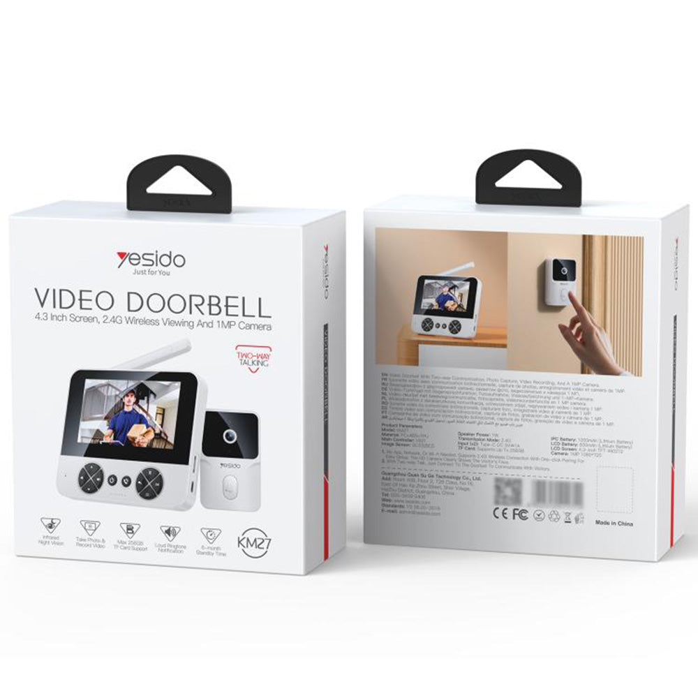 Yesido Wireless Video Intercom Doorbell (KM27), 2.4G, 2K HD 1080*720px, 1000mAh, 4.3" TFT Screen, UK Plug, Alb