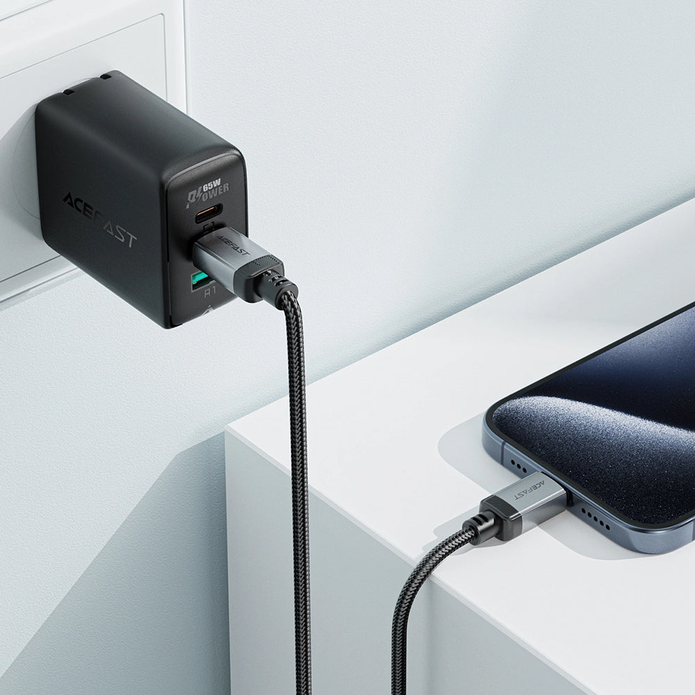 Cablu Acefast (C20-03), USB-C to Type-C, 60W, 3A, Fast Charging, Bend-Resistant, Nylon Braid, 1.2m, Negru
