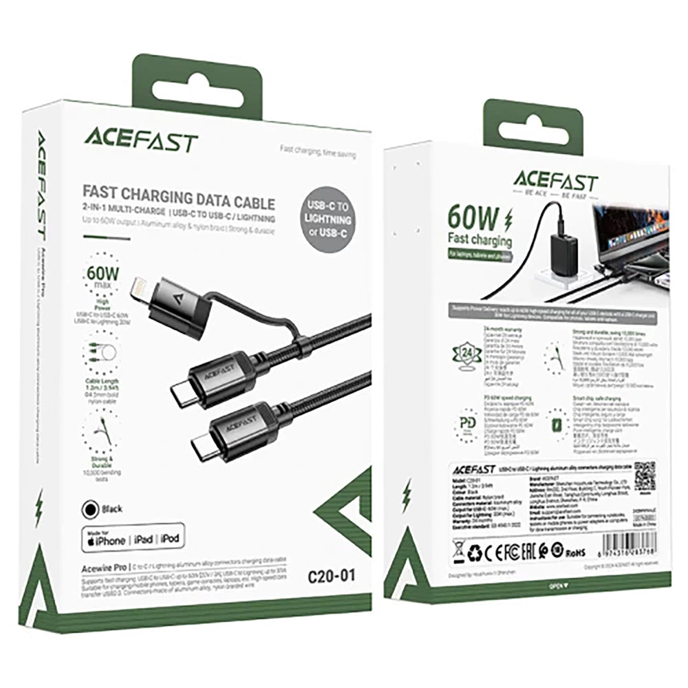 Cablu Acefast (C20-01), USB-C to Type-C, Lightning, 60W, Fast Charging, Bend-Resistant, MFi Certified, 1.2m, Negru