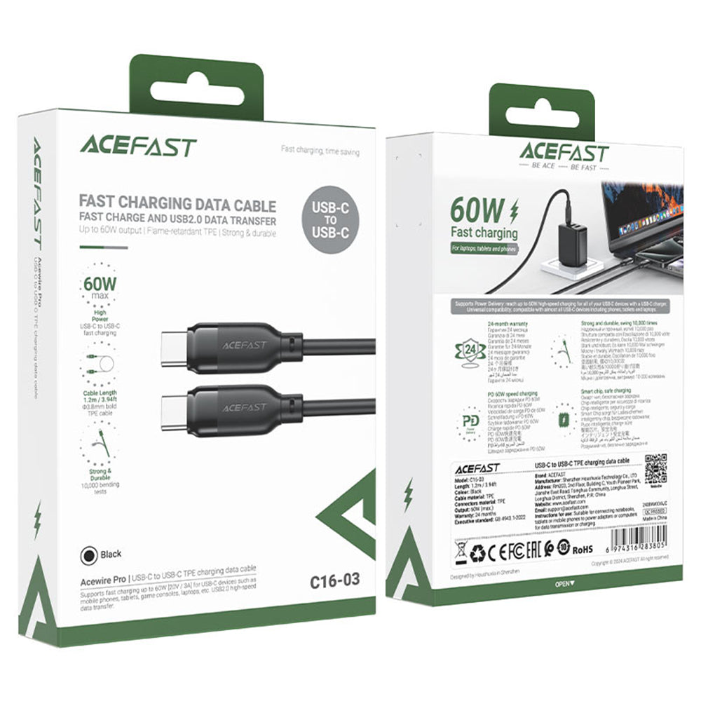 Cablu Acefast (C16-03), Fast Charging, Type-C to Type-C, 60W, 3A, Bend-Resistant, 1.2m, Negru