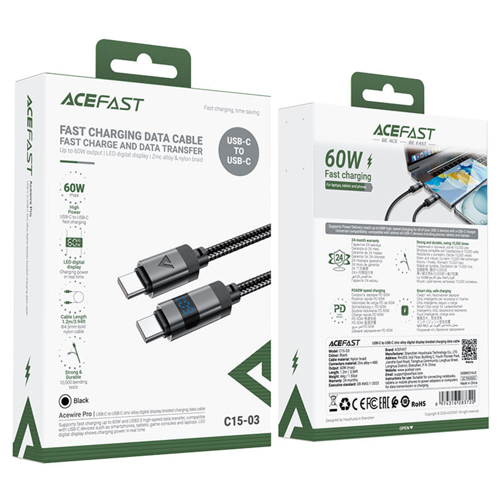 Cablu Acefast (C15-03), with Digital Display, Fast Charging, Type-C to Type-C, 60W, 3A, Zinc Alloy, 1.2m, Negru
